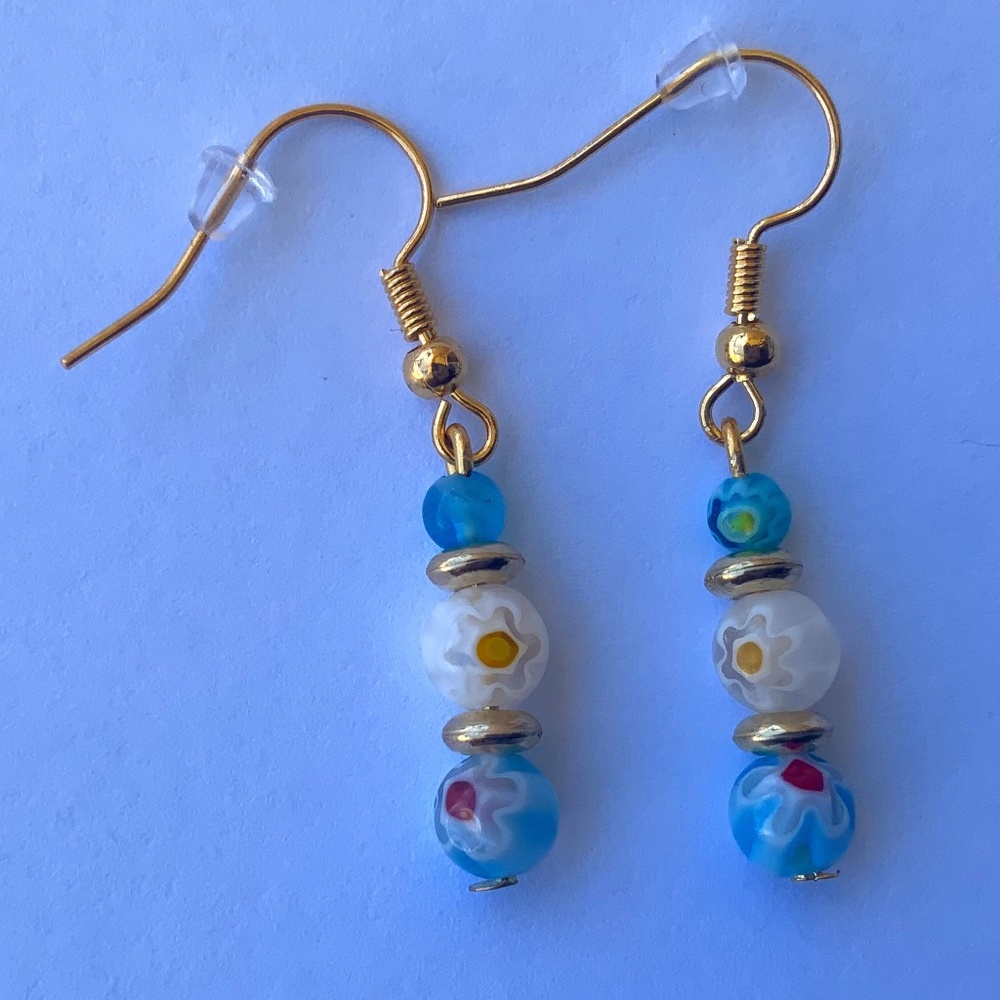 Glass Flower Millefiori Beads Turquoise & White Dangle/Drop Handmade Earrings